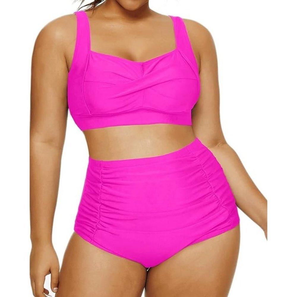 NWT DACI Twisted Front High Waisted Swimwear Plus Size -Neon Pink - Size 22W